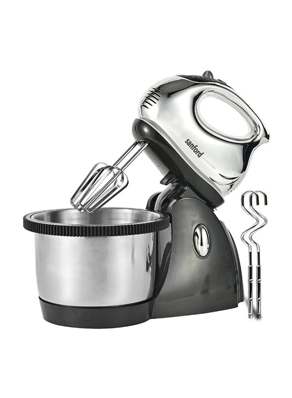 Sanford 2L Stand Mixer, 300W, SF1354SM BS - Silver/BlackKitchen Appliances2 Liter Stainless Steel Rotating Bowl. Detachable mixer head can be used as a hand mixer. Chromed ABS Housing. 100% Copper Motor. 3 Speed Control with Turbo Function. 2 Beaters for